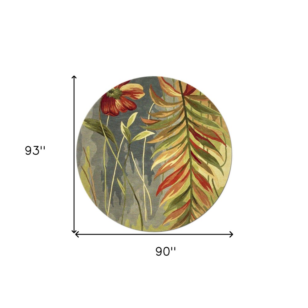 8' Blue And Green Round Wool Tropical Botanical Hand Tufted Area Rug