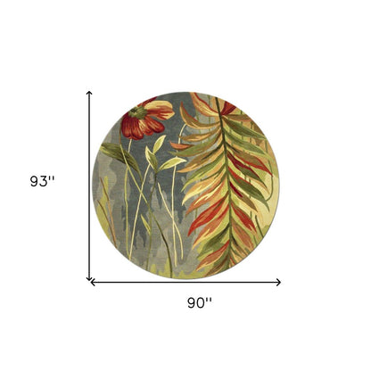 8' Blue And Green Round Wool Tropical Botanical Hand Tufted Area Rug