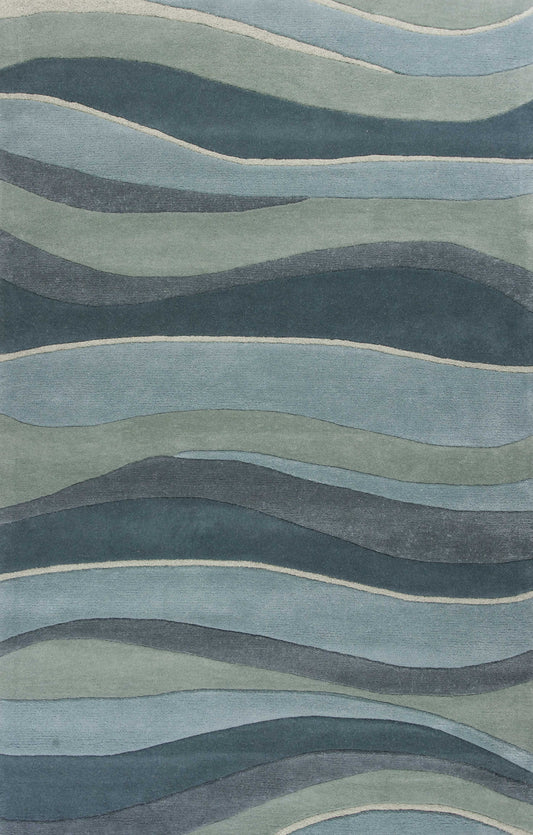 3' X 5' Ocean Blue Teal Hand Tufted Abstract Waves Indoor Area Rug