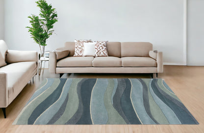 3' X 5' Ocean Blue Teal Hand Tufted Abstract Waves Indoor Area Rug