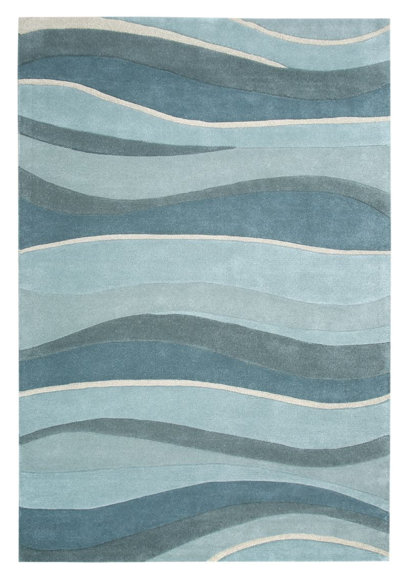 3' X 5' Ocean Blue Teal Hand Tufted Abstract Waves Indoor Area Rug