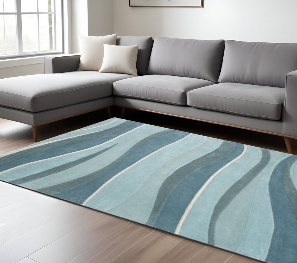 3' X 5' Blue Gray And Ivory Wool Abstract Hand Tufted Area Rug