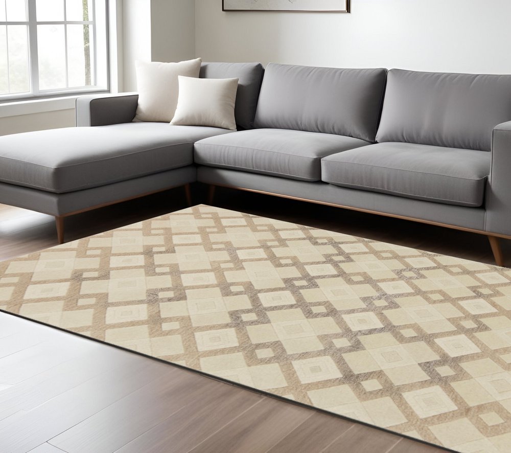 5' X 8' Ivory And Brown Wool Geometric Hand Tufted Area Rug