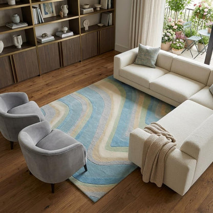 8' X 10' Blue Beige And Green Wool Abstract Hand Tufted Area Rug
