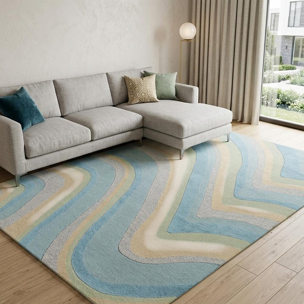 8' X 10' Blue Beige And Green Wool Abstract Hand Tufted Area Rug