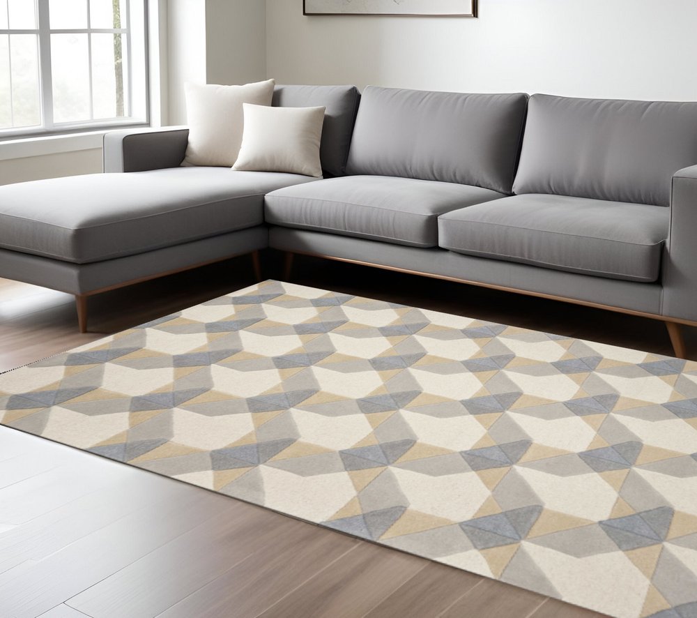 5' X 8' Ivory Gray And Cream Wool Geometric Hand Tufted Area Rug