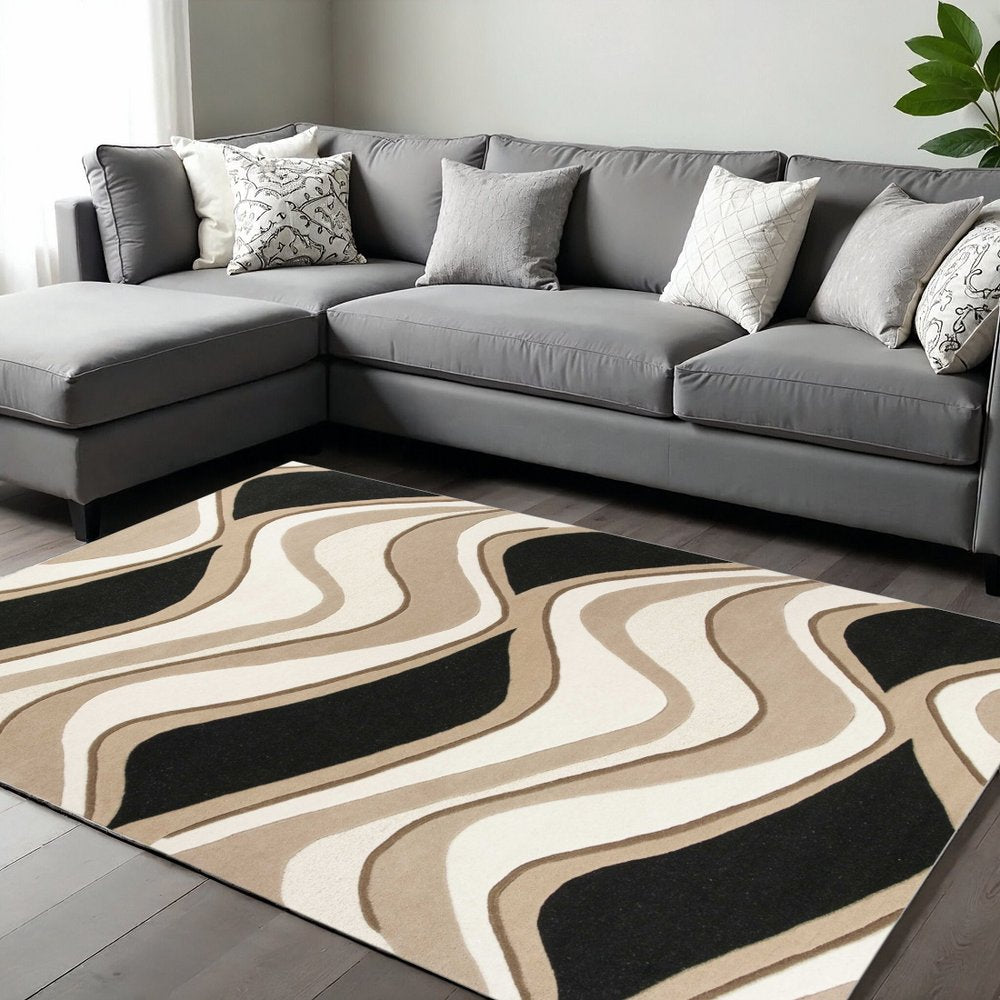 5' X 8' Beige Ivory And Black Wool Abstract Hand Tufted Area Rug