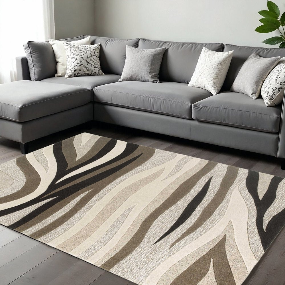 7' Beige Ivory And Black Wool Abstract Hand Tufted Runner Rug