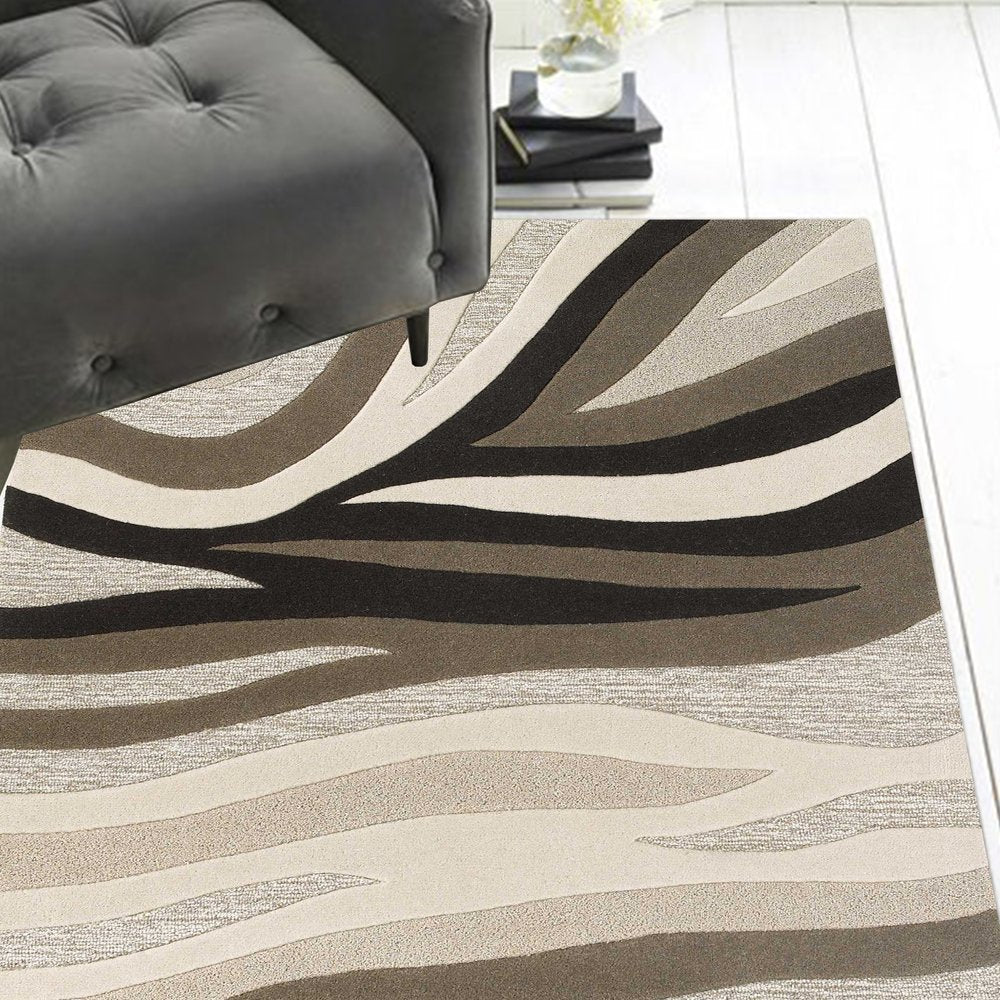 7' Beige Ivory And Black Wool Abstract Hand Tufted Runner Rug