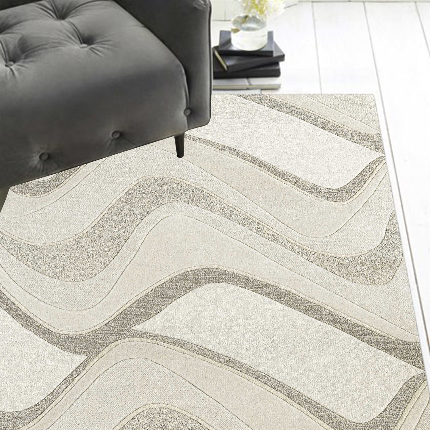 5' X 8' Ivory Hand Tufted Abstract Waves Indoor Area Rug