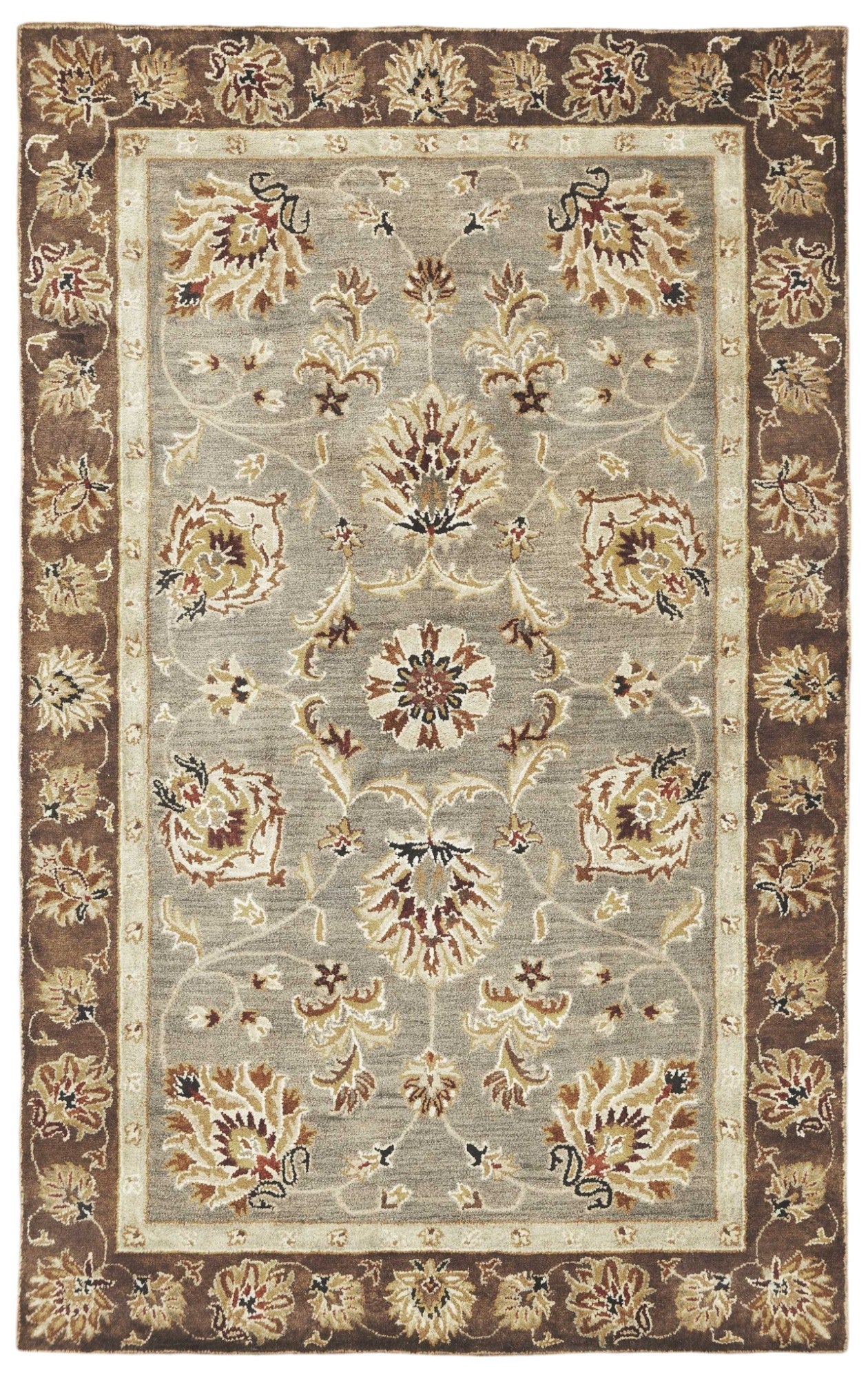 8' X 11' Grey Mocha Hand Tufted Traditional Floral Indoor Area Rug