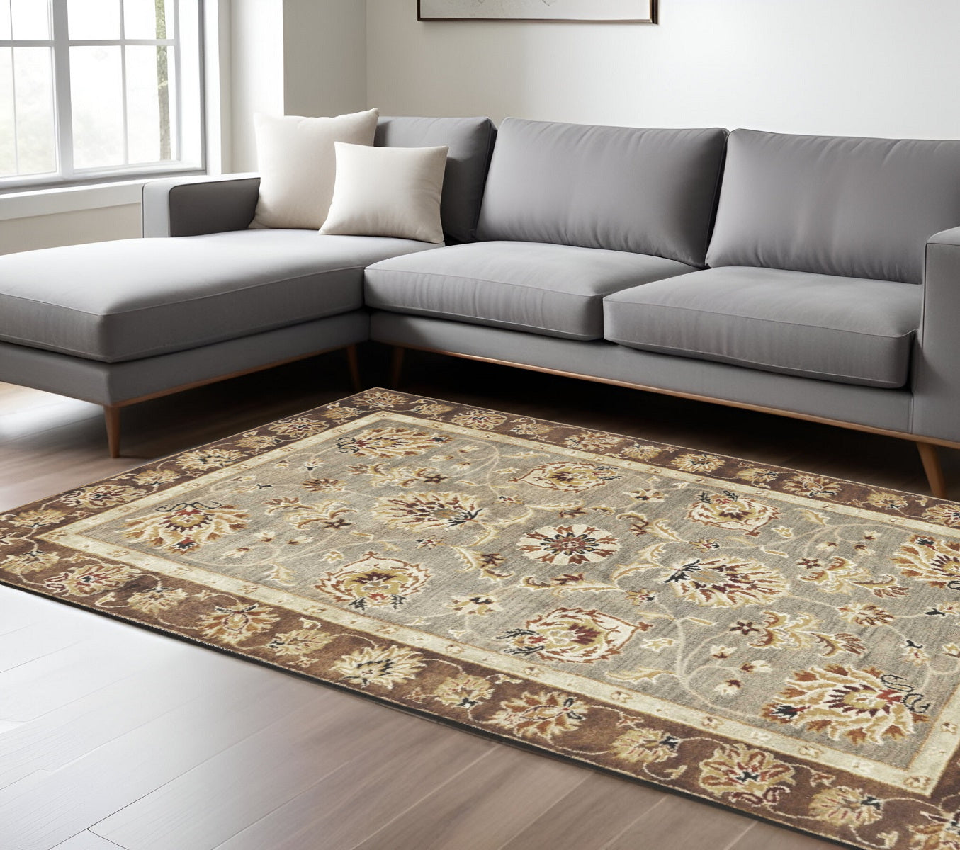 8' X 11' Grey Mocha Hand Tufted Traditional Floral Indoor Area Rug