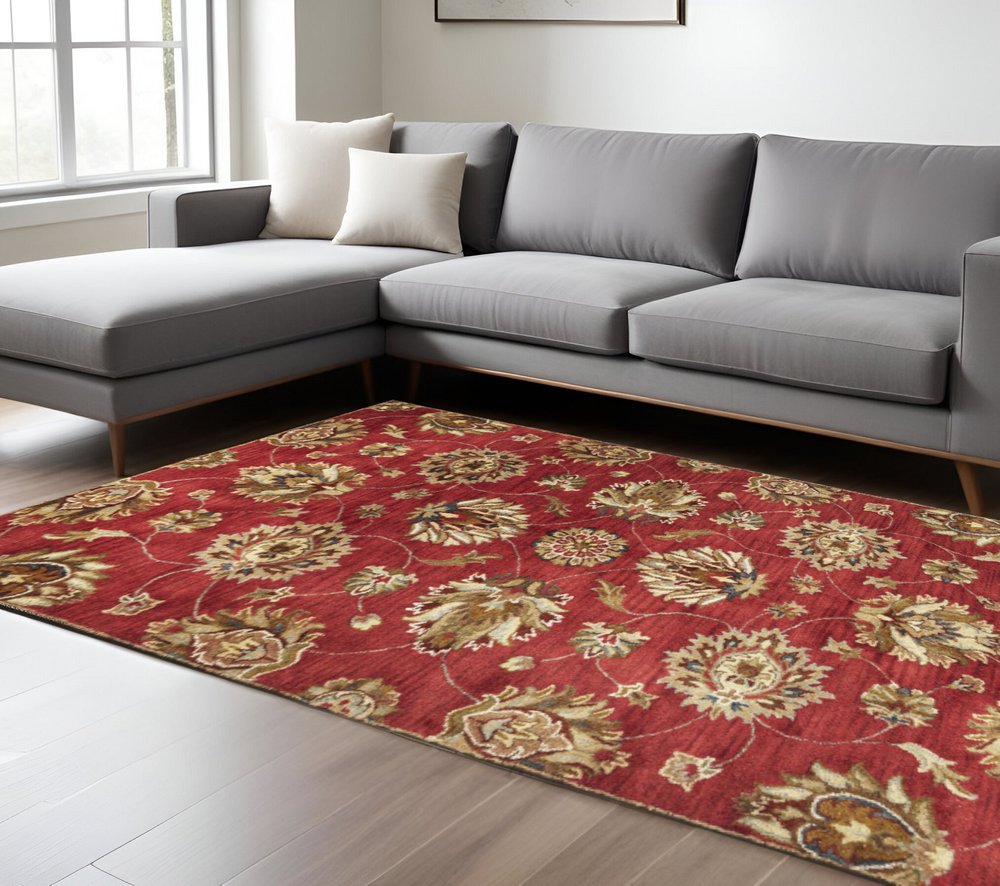 9' X 13' Red Ivory And Brown Wool Floral Hand Tufted Area Rug