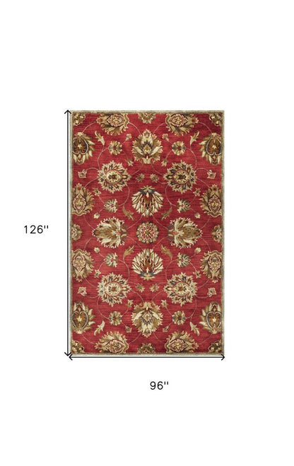 9' X 13' Red Ivory And Brown Wool Floral Hand Tufted Area Rug