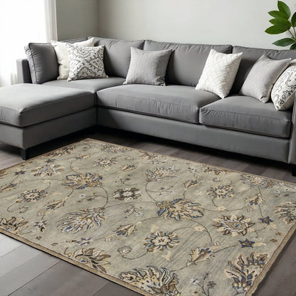 8' X 10' Gray Ivory And Brown Wool Floral Hand Tufted Area Rug
