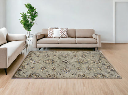 7' Gray Ivory And Brown New Zealand Lambs Wool Floral Hand Tufted Runner Rug