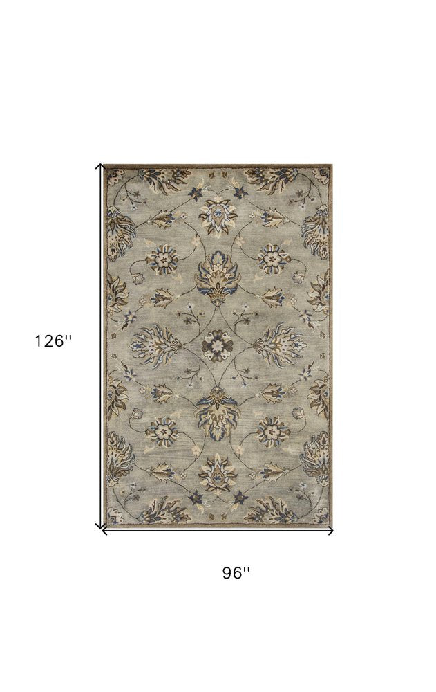 8' X 10' Gray Ivory And Brown Wool Floral Hand Tufted Area Rug