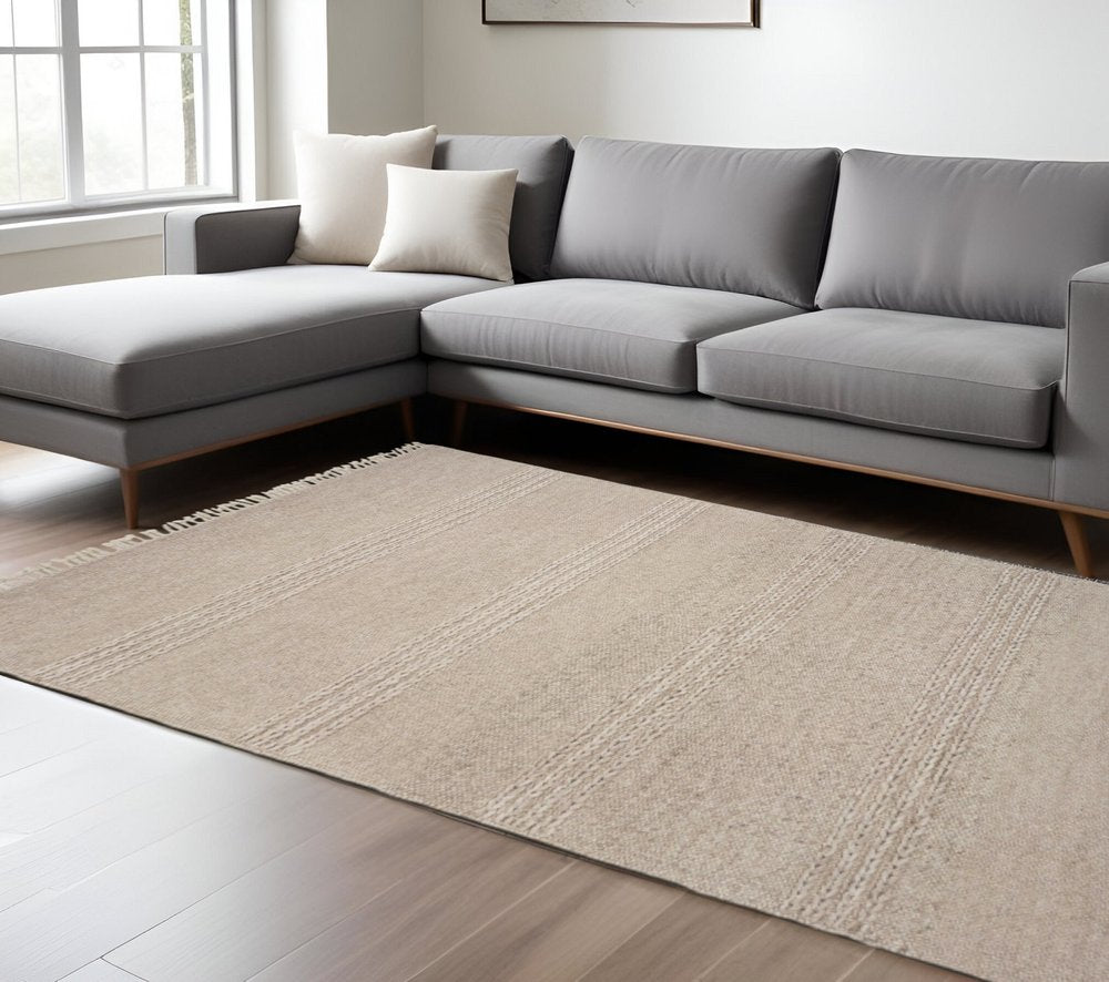 8' X 11' Beige Wool Hand Woven Area Rug