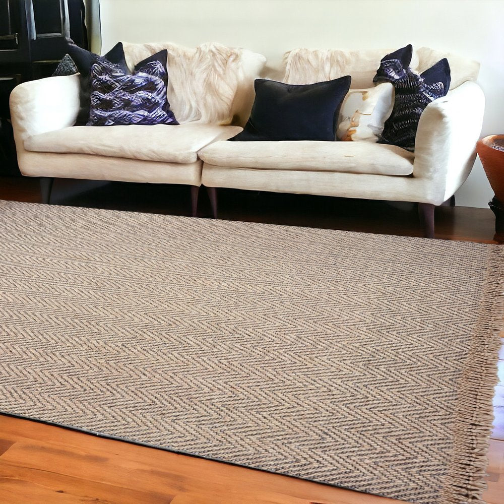 5' X 8' Beige And Gray Wool Chevron Hand Woven Area Rug