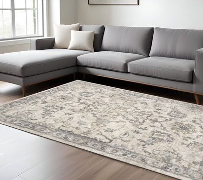 9' X 13' Ivory And Gray Floral Medallion Distressed Area Rug