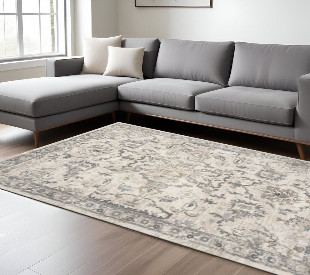 9' X 13' Ivory And Gray Floral Medallion Distressed Area Rug