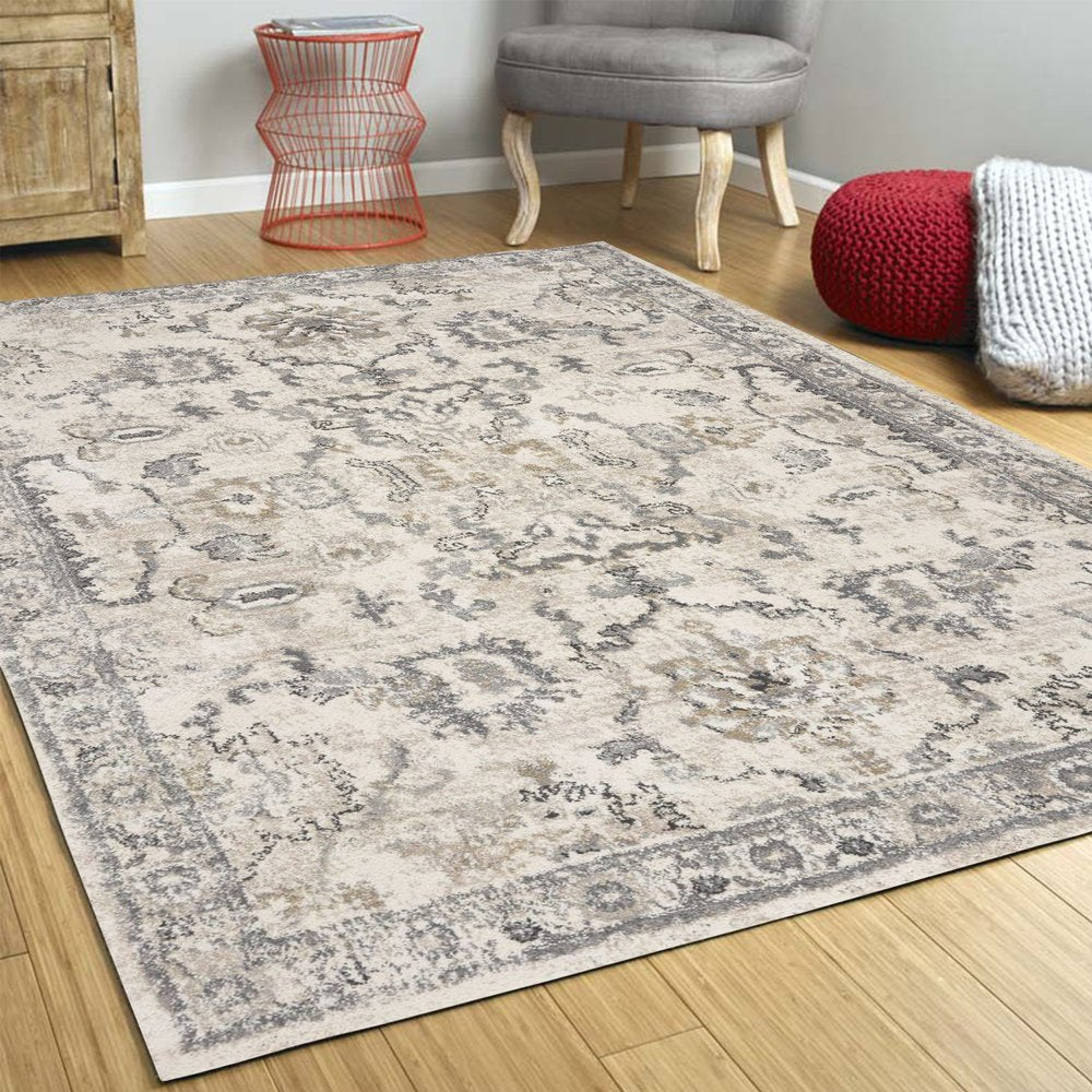 9' X 13' Ivory And Gray Floral Medallion Distressed Area Rug