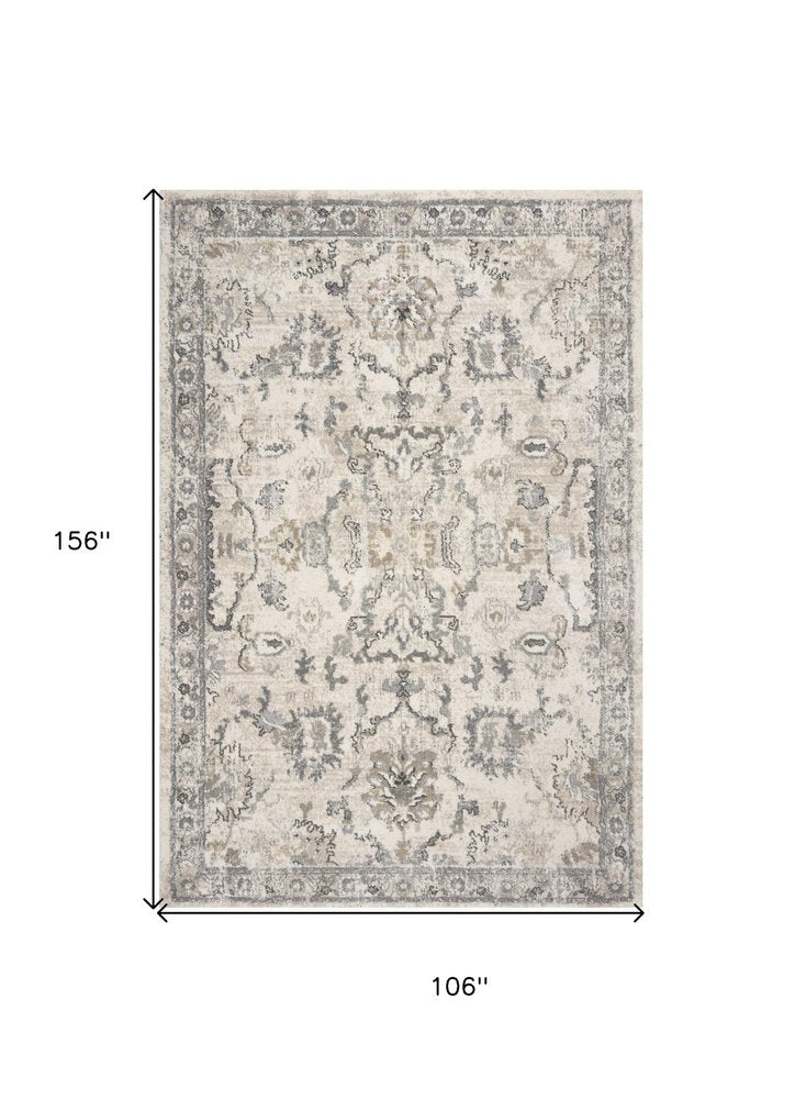 9' X 13' Ivory And Gray Floral Medallion Distressed Area Rug