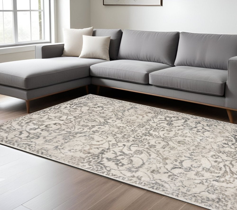 8' X 10' Ivory And Brown Floral Medallion Distressed Area Rug