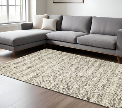 5' X 7' Gray And Ivory Wool Striped Hand Woven Area Rug
