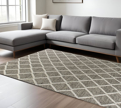 3' X 5' Dark Gray And Ivory New Zealand Lambs Wool Diamond Hand Woven Area Rug