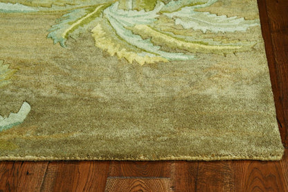 8' X 11' Moss Green And Yellow Wool Tropical Botanical Hand Tufted Area Rug