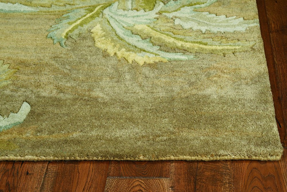 8' X 10' Moss Green And Yellow Wool Tropical Botanical Hand Tufted Area Rug