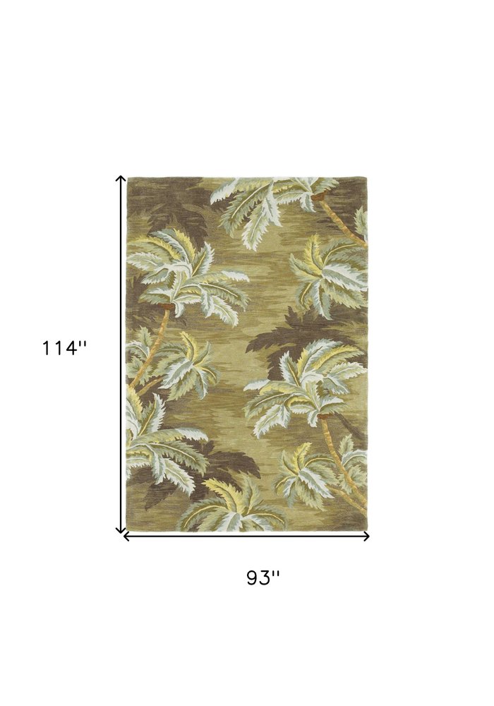 8' X 11' Moss Green And Yellow Wool Tropical Botanical Hand Tufted Area Rug