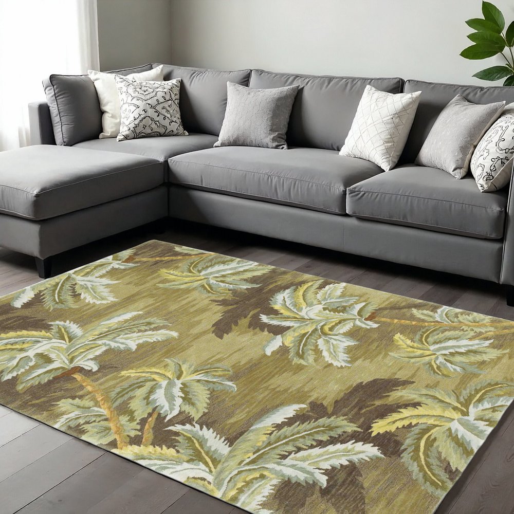 8' X 11' Moss Green And Yellow Wool Tropical Botanical Hand Tufted Area Rug