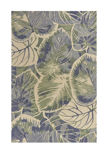 3' X 5' Blue Green And Beige Wool Tropical Botanical Hand Tufted Area Rug