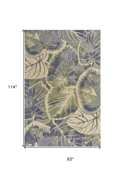 3' X 5' Blue Green And Beige Wool Tropical Botanical Hand Tufted Area Rug