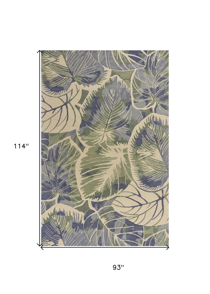 3' X 5' Blue Green And Beige Wool Tropical Botanical Hand Tufted Area Rug