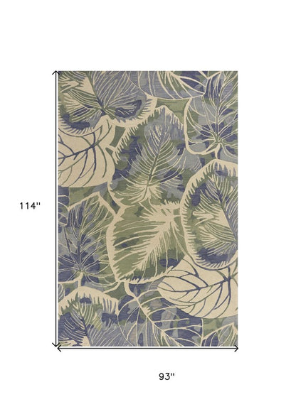 3' X 5' Blue Green And Beige Wool Tropical Botanical Hand Tufted Area Rug