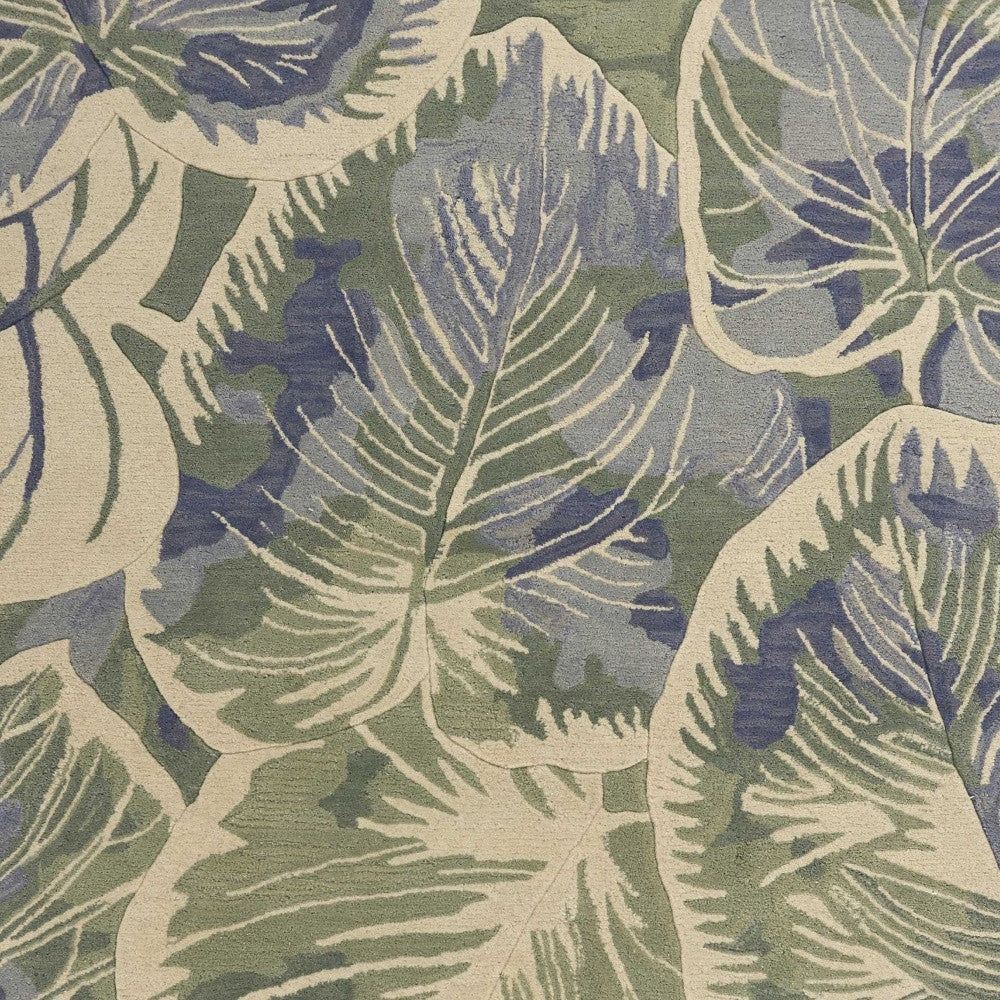 3' X 5' Blue Green And Beige Wool Tropical Botanical Hand Tufted Area Rug
