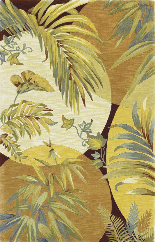 8' X 10' Coral Green And Ivory Wool Tropical Botanical Hand Tufted Area Rug