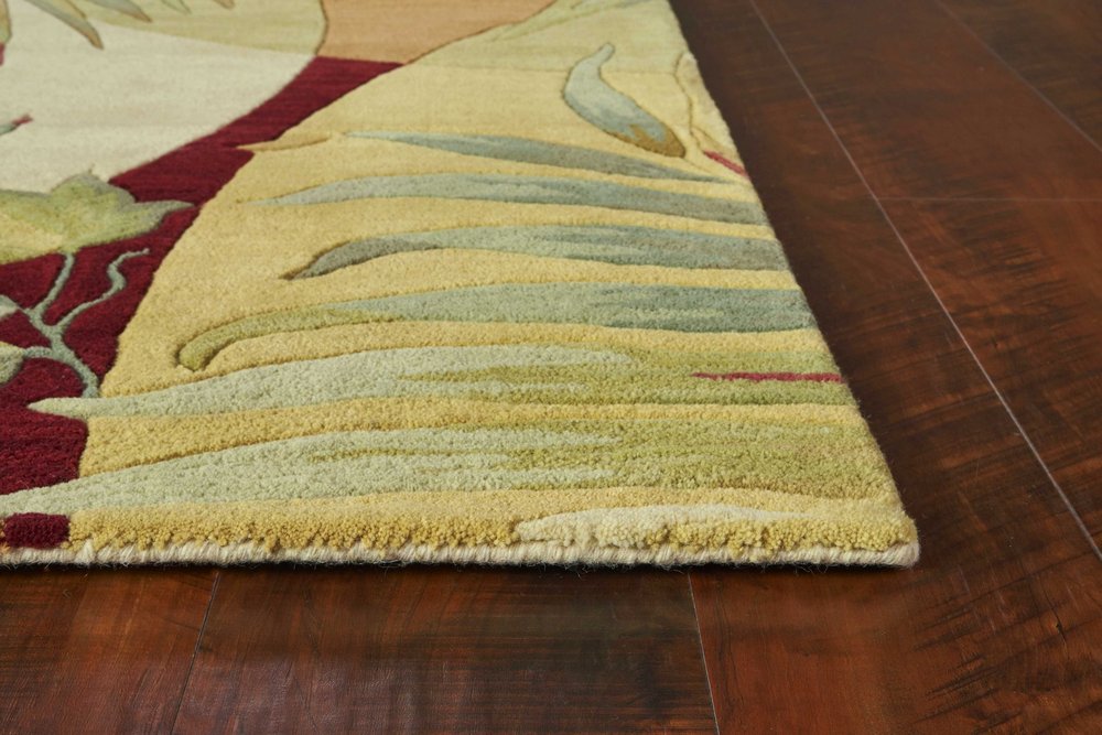8' X 11' Coral Green And Ivory Wool Tropical Botanical Hand Tufted Area Rug