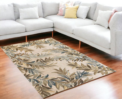 7' X 9' Ivory Brown And Blue Wool Botanical Leaves Hand Tufted Area Rug