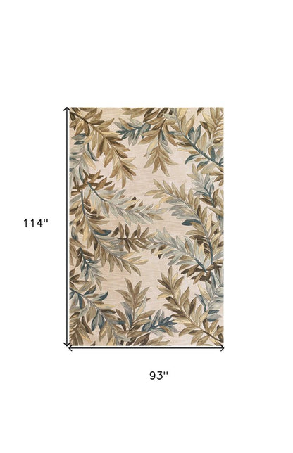 7' X 9' Ivory Brown And Blue Wool Botanical Leaves Hand Tufted Area Rug