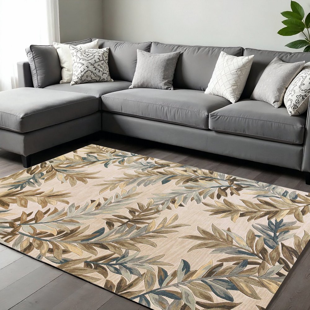 7' X 9' Ivory Brown And Blue Wool Botanical Leaves Hand Tufted Area Rug