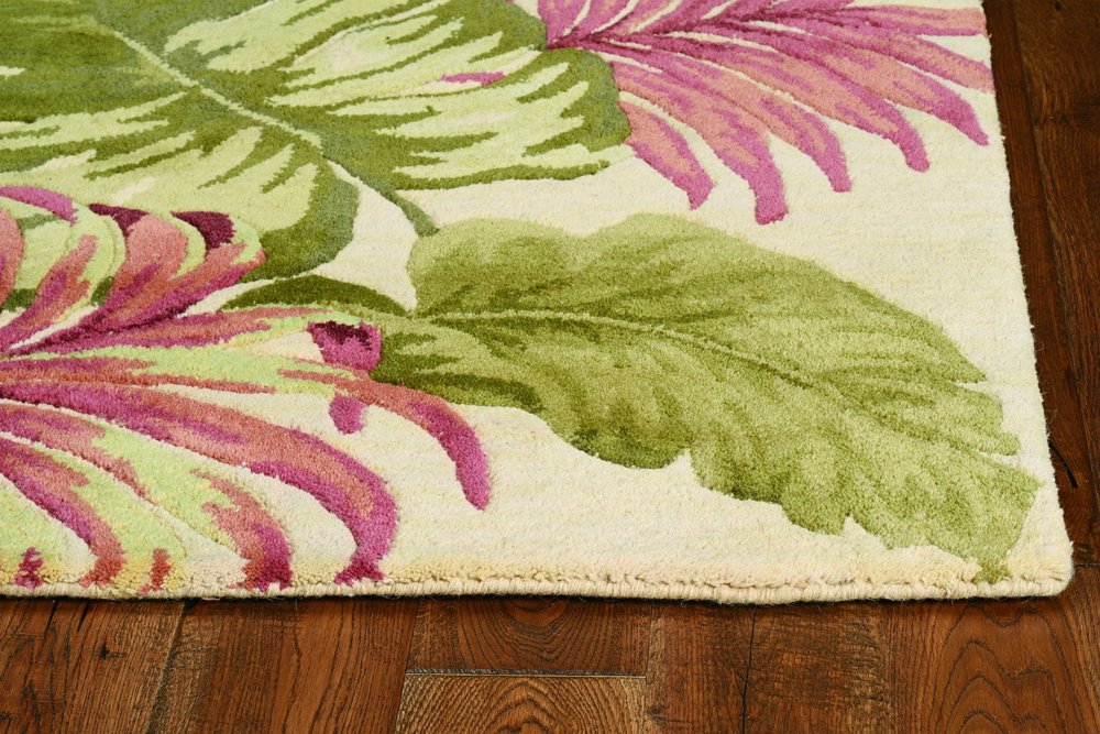 7' X 9' Beige Green And Pink Wool Botanical Leaves Hand Tufted Area Rug