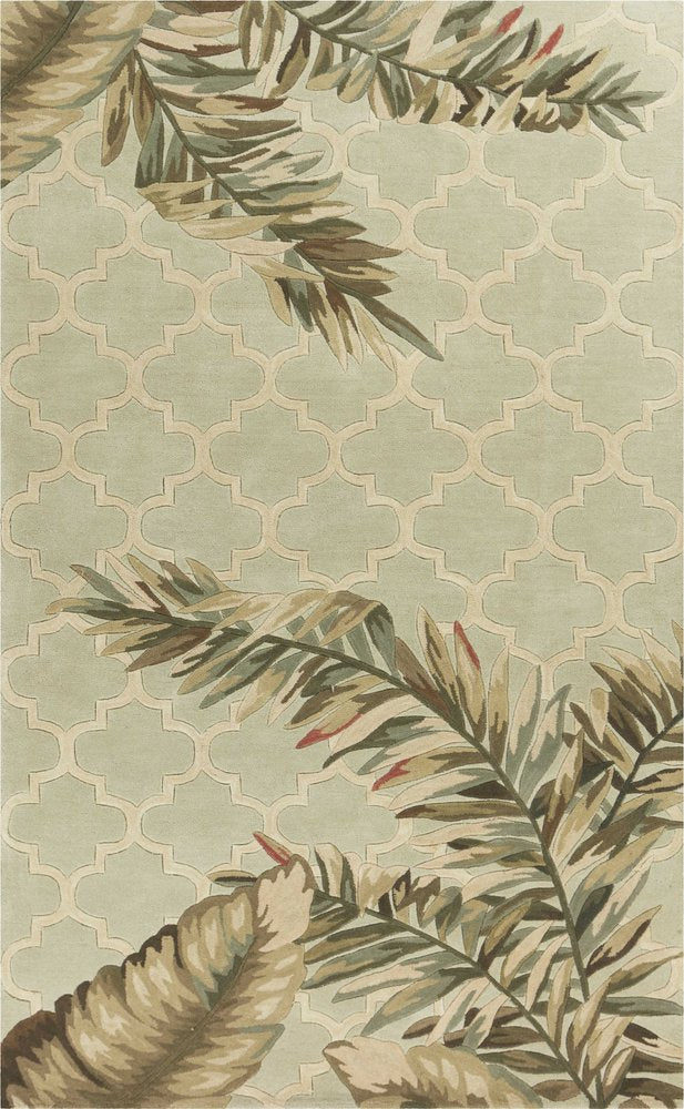 5' X 8' Sage Taupe And Green Wool Tropical Botanical Hand Tufted Area Rug