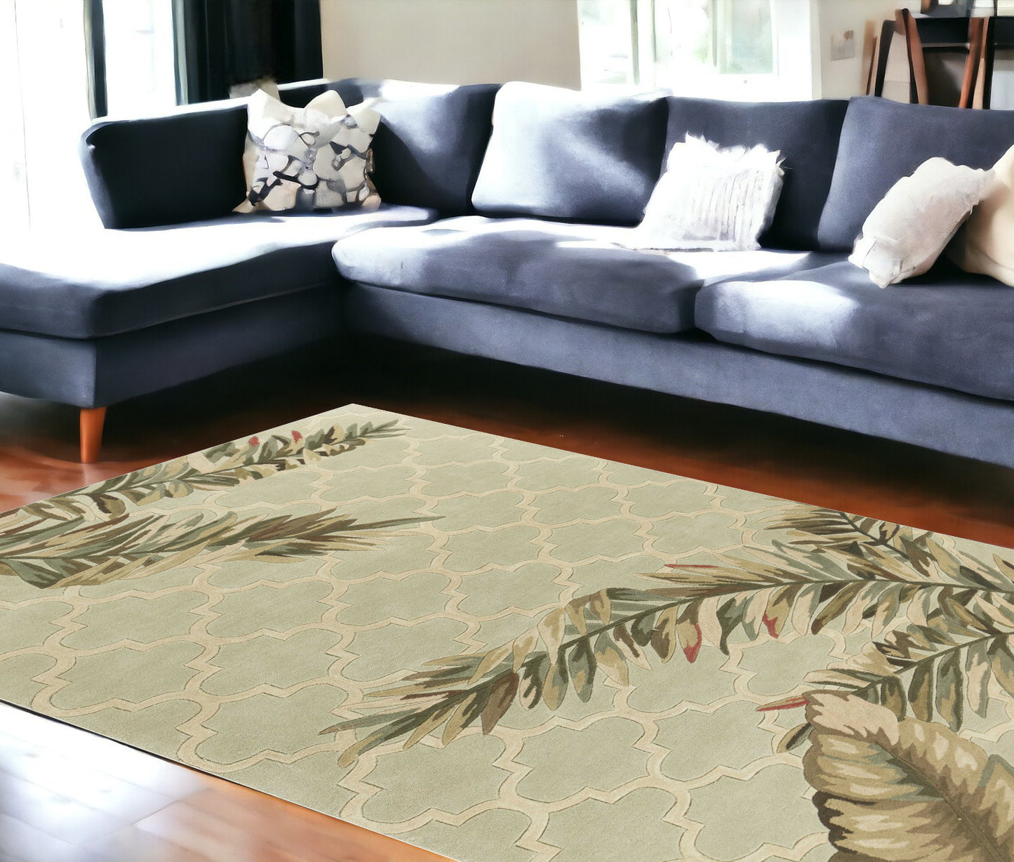 2' X 10' Sage Tropical Leaves Mosaic Wool Indoor Runner Rug