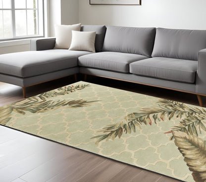 9' X 12' Sage Taupe And Green Wool Tropical Botanical Hand Tufted Area Rug
