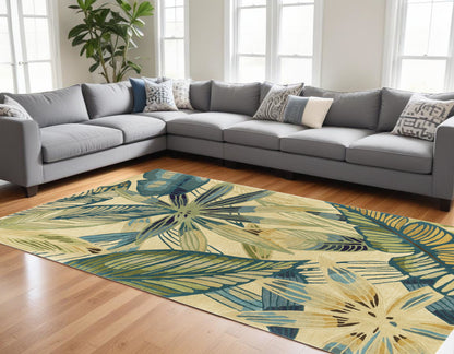 9' X 12' Ivory and Blue Wool Tropical Botanical Handmade Area Rug