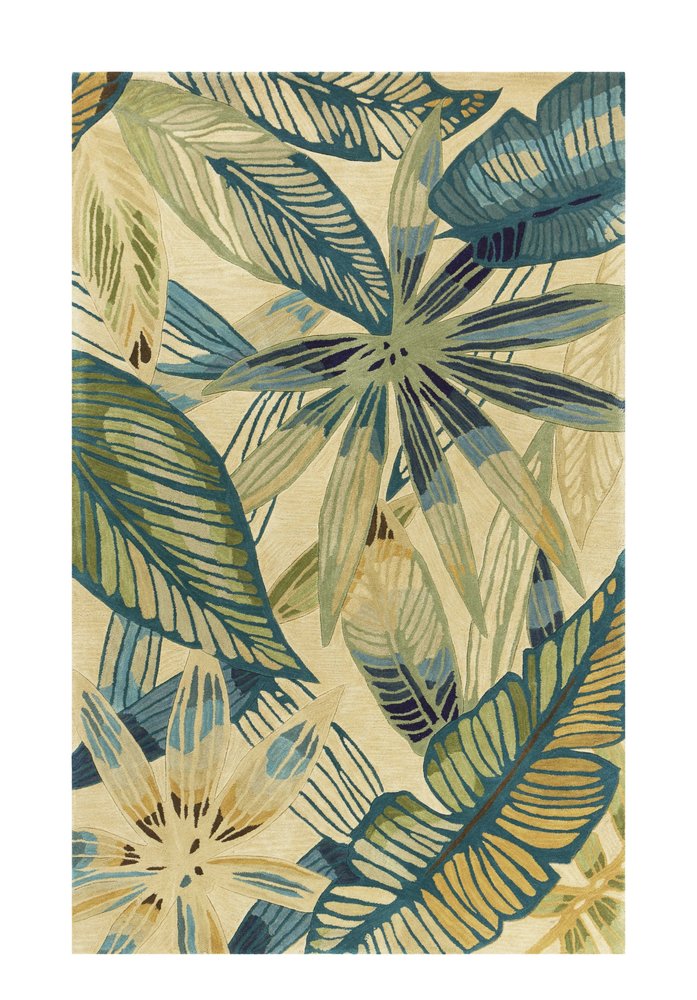 3' X 5' Ivory Teal And Green Wool Tropical Botanical Hand Tufted Area Rug